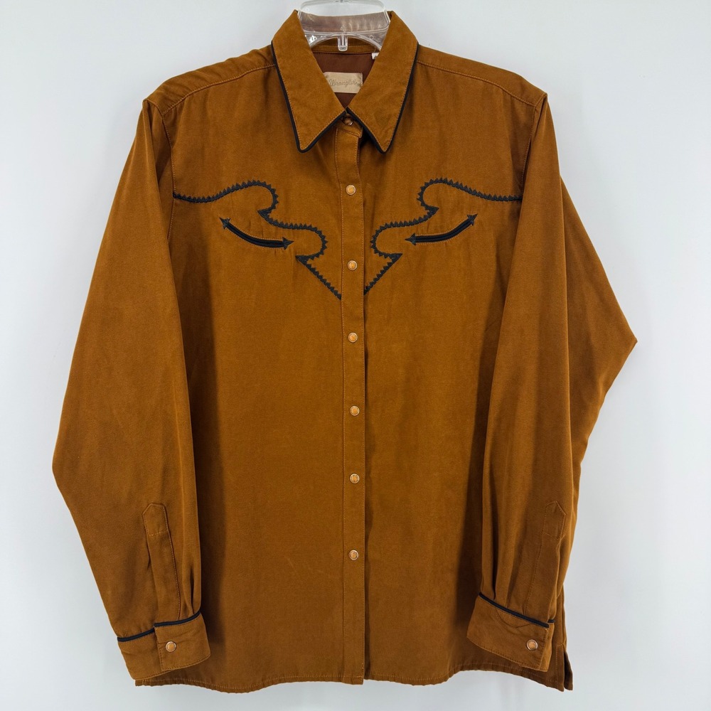 Wrangler Western Pearl Snap Shirt Womens Medium Brown Faux Suede Embroidered